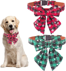 Christmas Dog Collar with Bow Tie, Classic Plaid Red Green Dog Collars with Removable Bowtie Christmas Collars for Large Dogs