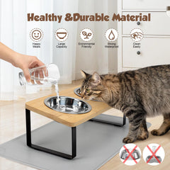 Elevated Cat Bowls Pet Feeder 15° Tilted Raised Cat Food Bowls with Wooden Stand 2 Stainless Steel Bowls for Cats and Puppy