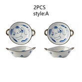 7.5inch Japanese Noodle Bowl With Dual Handles Cat Ceramic Salad Bowl Cat Plant Flower Pattern Kitchen Soup Tableware Bowl
