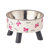 A fashion printed stainless steel pet bowl for feeding and water, high-legged cat bowl with neck protection, cartoon feeding dog