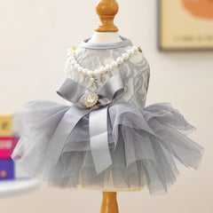 2025 Autumn/ Winter Princess Dress for Dog Cat Coat Pearl Necklace Gray Swan Cat Costumes Pet Puppy Clothes