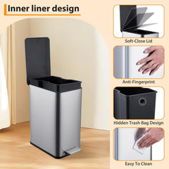 2.6 Gallon (10 L) Trash Can, Stainless Steel Kitchen Garbage Can, Recycling or Waste Bin, Soft Close, Step-On Pedal, Silver