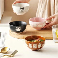 Korean Kawaii Bear Bowl Ceramic Kitten Rice Bowl Cartoon Cat Breakfast Oatmeal Milk Bowl Microwave Safe Household Cat Plate
