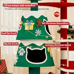 Indoor Christmas-Themed Cat Tree with 2 Condos, Thick Scratching Post, and Decorative LED Lights