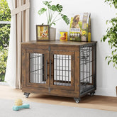 Dog Crate Furniture with Cushion, Large Wooden Dog Kennel Indoor with Double Doors,Dog Cage with Wheels,Dog House Side End Table