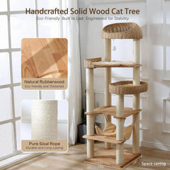 Wooden Cat Tree for Indoor Cats, 62-Inch Tall Cat Tower with Scratching Post for Large Cats, Solid Wood Cat Condo with Handwoven