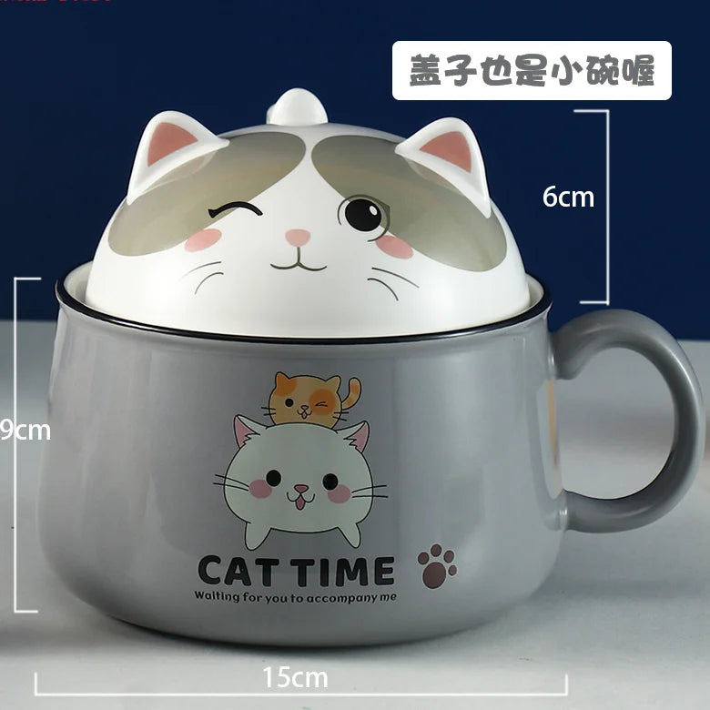 Creativity High Capacity Spoon with Lid Ceramics Instant Noodle Bowl Young Girl Dorm Room Student Office Super Large Bowl Mug