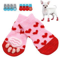 Cute Puppy Dog Shoes Anti-Slip Knit Socks Small Dogs Cat Shoes Chihuahua Boots For Winter Indoor Wear Slip On Paw Protector 4pcs