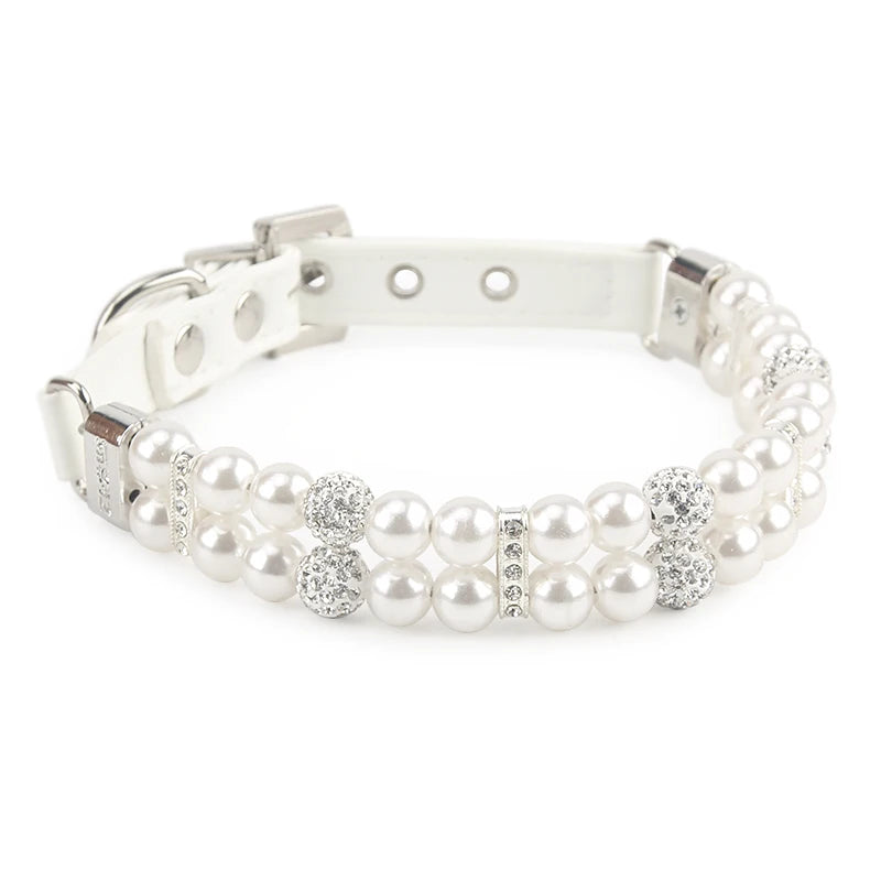 Pet Dog Pearl Collar PU Leather Necklace Artificial Pearl Rhinestone Small Dog Cat Collar