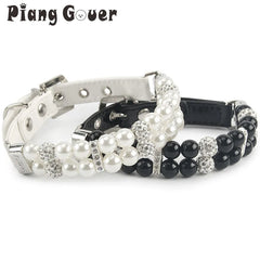 Pet Dog Pearl Collar PU Leather Necklace Artificial Pearl Rhinestone Small Dog Cat Collar