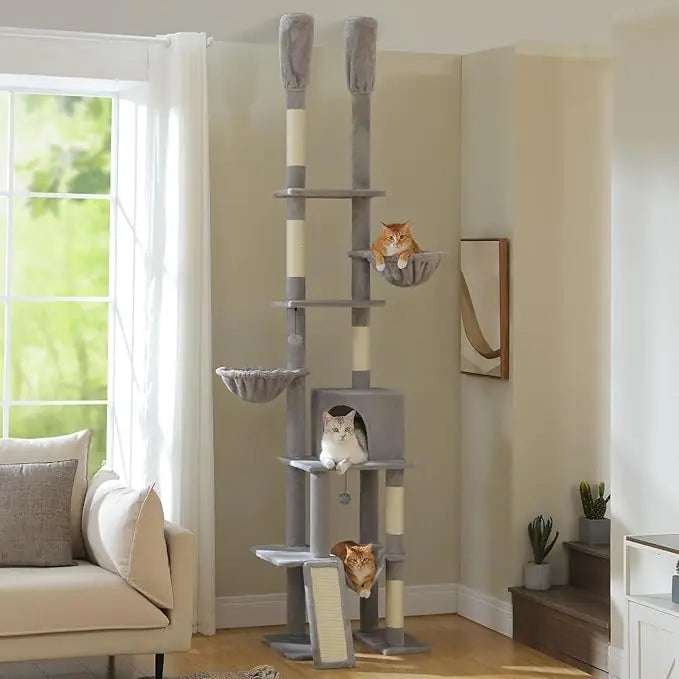 Floor to Ceiling Cat Tree Height (85-112 Inches) Adjustable, Tall Cat Tower 7 Tiers Activity Climbing Tower, Large Cat Tree with