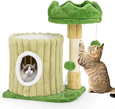 Green Cat Tower with Enclosed Condo, Plush Top Perch, Hanging Pom-Pom, Spring Toy, and Sisal Scratching Pad