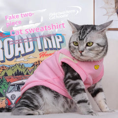 False Two-Piece Cat Hoodie - Cartoon Print Thermal Lined Windproof Sweater, Plush Pullover Pet Clothes for Indoor Outdoor