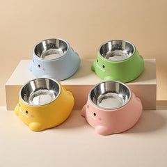Cartoon Dinosaur 15° Tilted Pet Bowl: Elevated Stainless Steel Dish with Neck Support - Fun & Cute Feeder for Cats & Puppy
