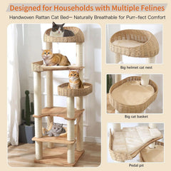Wooden Cat Tree for Indoor Cats, 62-Inch Tall Cat Tower with Scratching Post for Large Cats, Solid Wood Cat Condo with Handwoven