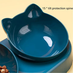 Three In One Cat Feeding Station, Durable Plastic Food And Water Bowls, Cute Cat Ear Design, Suitable For Two Cats To Eat