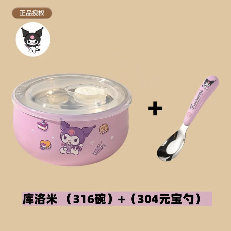 Sanrio Sus 304 Soup Bowl Hello Kitty Kawaii Anime Thicken Thermal Insulation with Lid Noodle Rice Bowl Child School Starts Gift