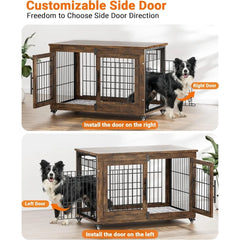 Dog Crate Furniture with Cushion, Large Wooden Dog Kennel Indoor with Double Doors,Dog Cage with Wheels,Dog House Side End Table