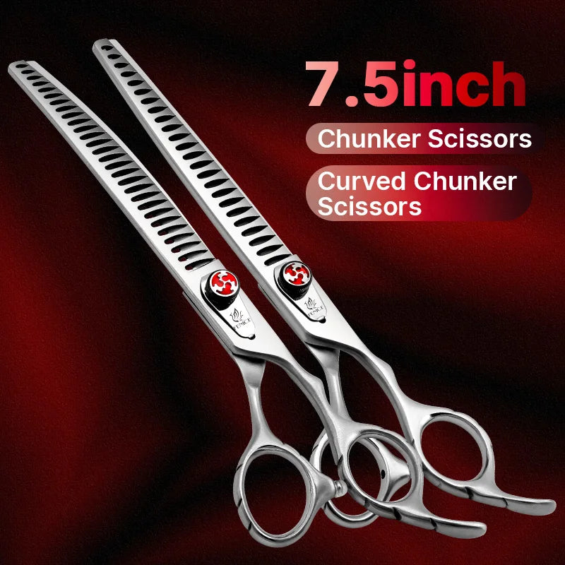Fenice Dog Scissors JP440C 7/7.5 inch Flame Screw Pet Straight Fluffy Thinner Shark Teeth Curved Chunker Grooming Scissors