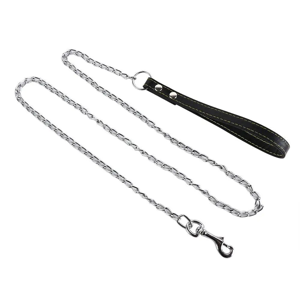 Heavy Duty Metal Chain Dog Lead With Leather Handle Long Strong Control Leash Outdoor Pet Traction Rope Anti Bite Chain Supplies