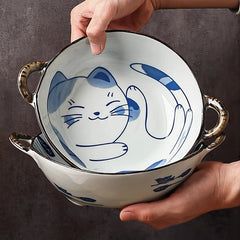 7.5inch Japanese Noodle Bowl With Dual Handles Cat Ceramic Salad Bowl Cat Plant Flower Pattern Kitchen Soup Tableware Bowl