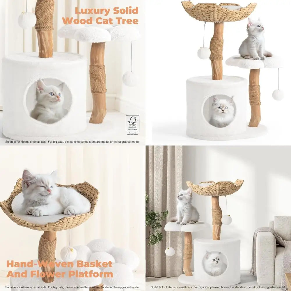 Luxury Wooden Cat Tower with Scratching Posts and Flower Platforms for Small Cats, White Modern Cat Condo