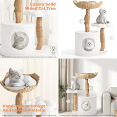 Luxury Wooden Cat Tower with Scratching Posts and Flower Platforms for Small Cats, White Modern Cat Condo