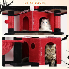 XXL 82-inch Gothic-Style Cat Tree for Multiple Adults with Scratching Post, Perches, Condos, and Hanging Baskets, Black Red