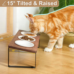 Bamboo Tilted Dual Pet Bowl Stand, Anti-Slip Elevated Dog Cat Feeder with 3 Ceramic Bowls for Neck Relief