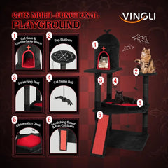 Gothic-Inspired Halloween Cat Tree Tower with Sisal Scratching Posts, House Cave, and Coffin-Shaped Platform