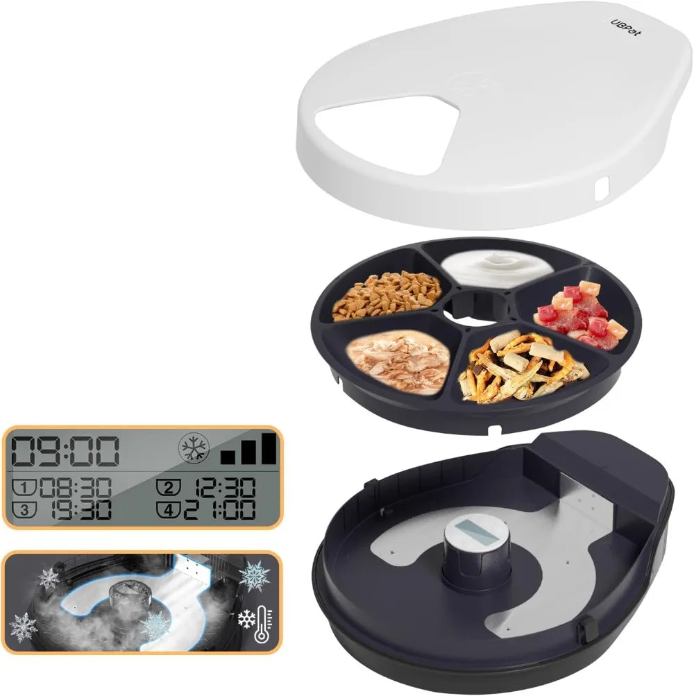 Cat Wet Food Automatic Feeder with Cooling, Semiconductor Refrigeration, with Timer, 5 Food Compartments for 330g Pet Food Each