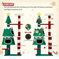 Indoor Christmas-Themed Cat Tree with 2 Condos, Thick Scratching Post, and Decorative LED Lights