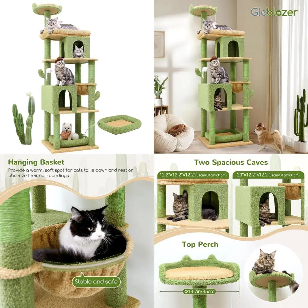 Sturdy 72 Cactus Cat Tree for Large Cats, Ideal for Maine Coons Over 20 lbs with 6 Scratching Posts, Hammock, Green S72