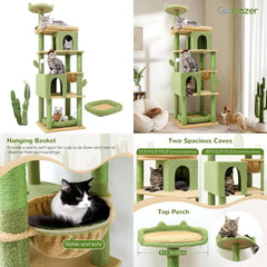 Sturdy 72 Cactus Cat Tree for Large Cats, Ideal for Maine Coons Over 20 lbs with 6 Scratching Posts, Hammock, Green S72