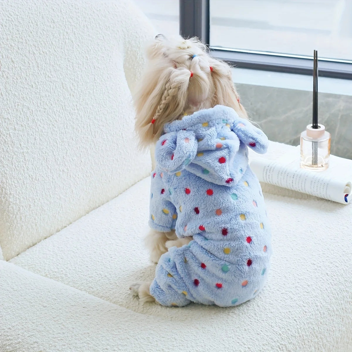 Fleece Rabbit Ear Hooded Polka Dot Onesie with Four Legs, Suitable for Small and Medium-Sized Dogs, Pet Apparel