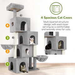 70inch Tall MultiLevel Cat Tree Tower with 4 Cat Condos 3 Scratching Posts 2 Hanging Baskets Padded Top Perch for Multiple Indo