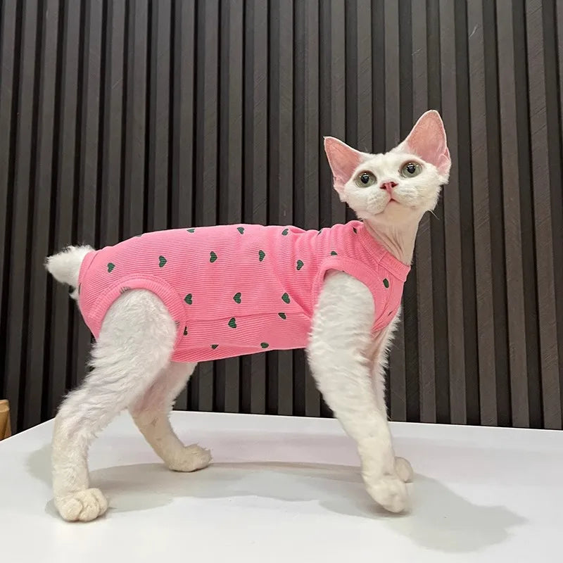 New Love Print Summer Pet Clothes Sphynx Hairless Cat Devon Clothes Stretch Anti-Drop Four-legged Clothes Thin Thermal Air Condi