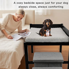 Bedside Dog Bed with Stairs for Medium Dogs: 35×23 Wooden Elevated Pet Bed with Foldable 3-Step Stairs Removable Mattress Guard