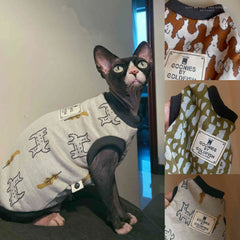 Soft Cartoon Clothing for Hairless Cat Yarn Dyed Cotton Vest for Cats in Spring Autumn Cute Warm Short Sleeves Coat for Kittens