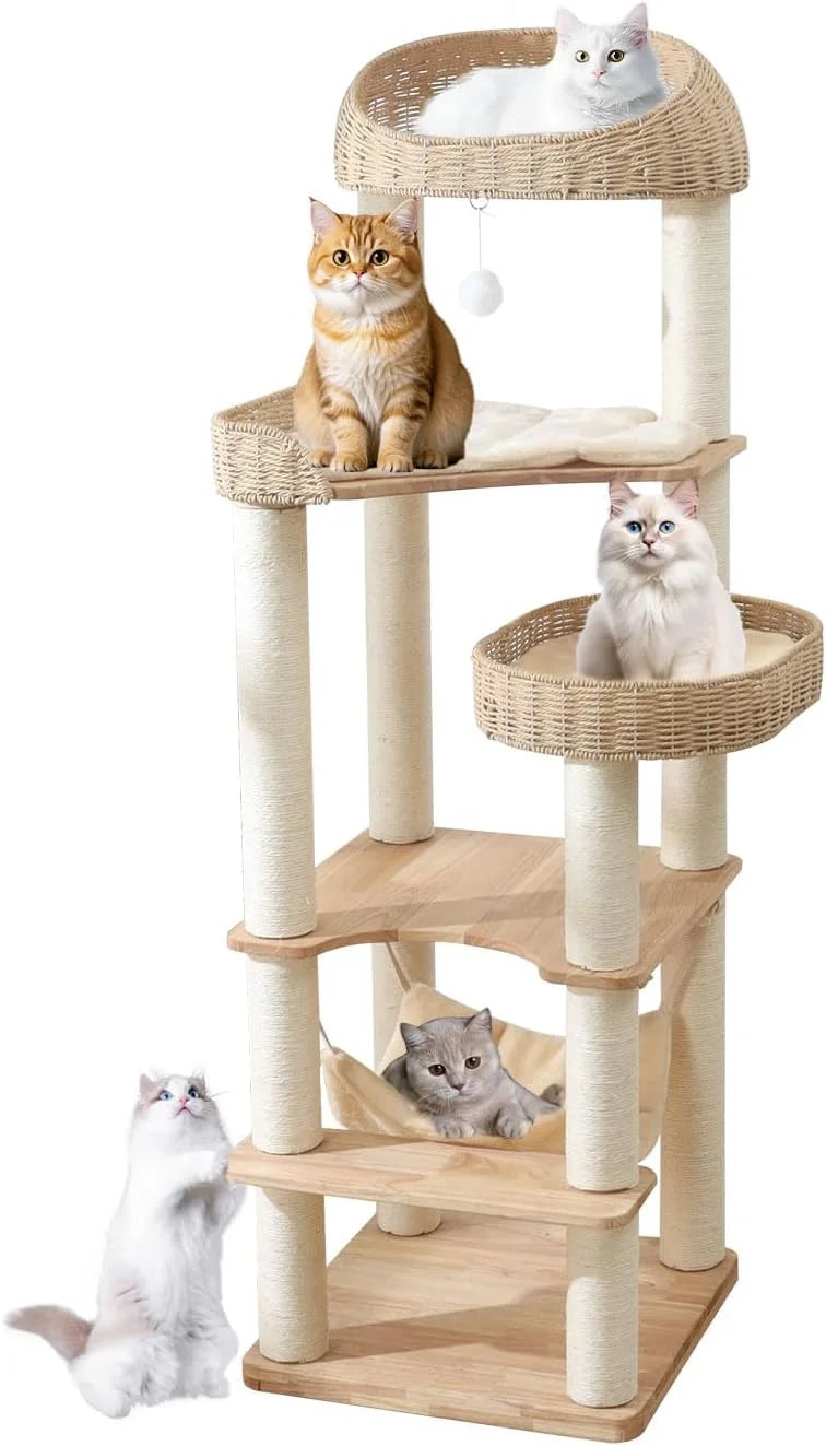 Wooden Cat Tree for Indoor Cats, 62-Inch Tall Cat Tower with Scratching Post for Large Cats, Solid Wood Cat Condo with Handwoven