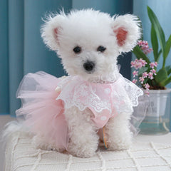 Lace Bow Tie Cat Dress for Small Dogs Princess Pink Veil Tutu Skirt Puppy Summer Clothes Birthday Wedding Female Pet Clothing