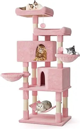 Large Indoor Cat Tree Tower with 58 Inch Height, Pink Scratching Post, Hammock, and Play House for Adult Cats