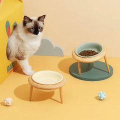 800ml Ceramic Cat Dog Bowl with Wood Stand-Elevated Eating Drinking Feeder Suitable Small Medium Pets Practical Feeding Supplies