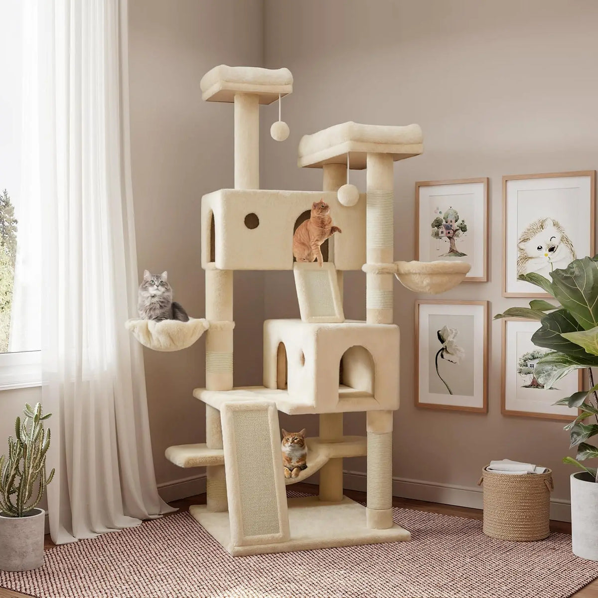 SHA CERLIN 65" Cat Tree Tower – Multi-Level Condo with Hammock, Scratching Posts & Plush Perches