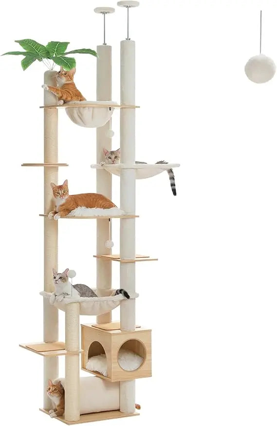 Floor to Ceiling Cat Tree,93.3''-100.8'' Height Adjustable Wooden Cat Tower, Tall Modern Climbing Tree with Large Hammock, Soft