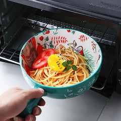 Single Handle Ceramic Bowl Noodle Bowl Forest Animal Design Large Bowl Creative Restaurant Household Flower Bowl Home Decoration