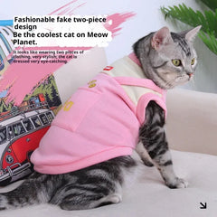 False Two-Piece Cat Hoodie - Cartoon Print Thermal Lined Windproof Sweater, Plush Pullover Pet Clothes for Indoor Outdoor
