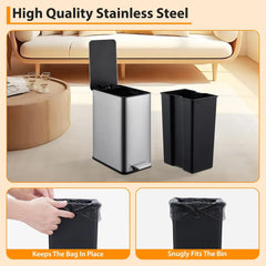 2.6 Gallon (10 L) Trash Can, Stainless Steel Kitchen Garbage Can, Recycling or Waste Bin, Soft Close, Step-On Pedal, Silver