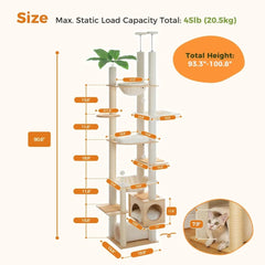 Floor to Ceiling Cat Tree,93.3''-100.8'' Height Adjustable Wooden Cat Tower, Tall Modern Climbing Tree with Large Hammock, Soft