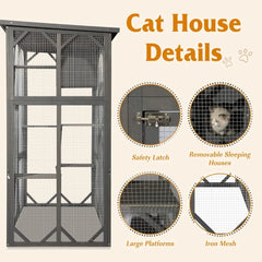 Cat Enclosure Large Outdoor Catio Wooden Cat House with Weatherproof, Cat Cage Condo Indoor Playpen with Platform